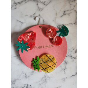 Pink Linen Fruit-Themed Hair Clips With Cherry Strawberry & Pineapple Designs